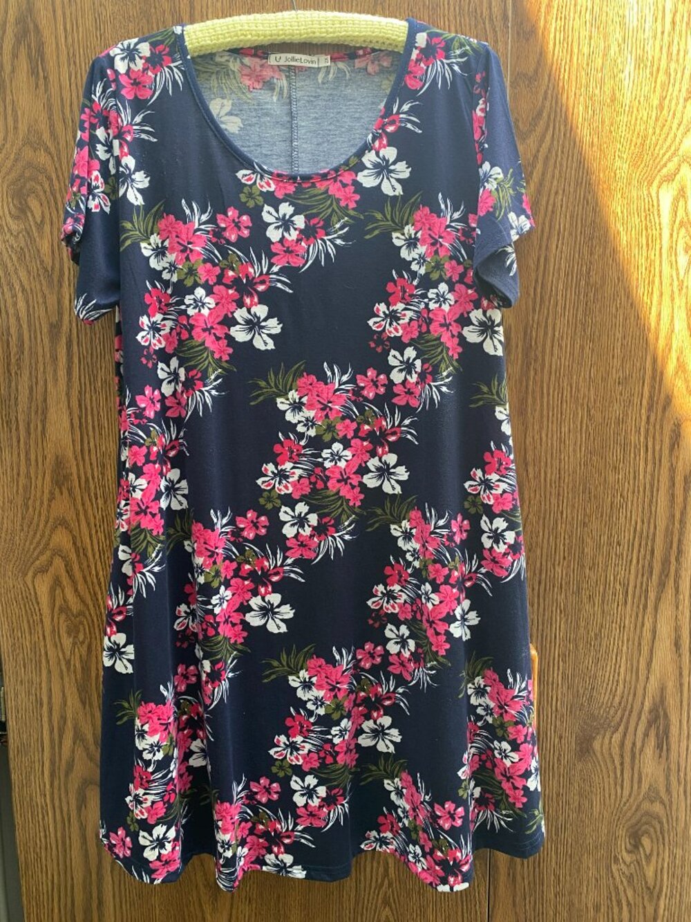 JollieLovin Rose Floral Pocket Tunic Dress Short Sleeve Black Red Size 2X